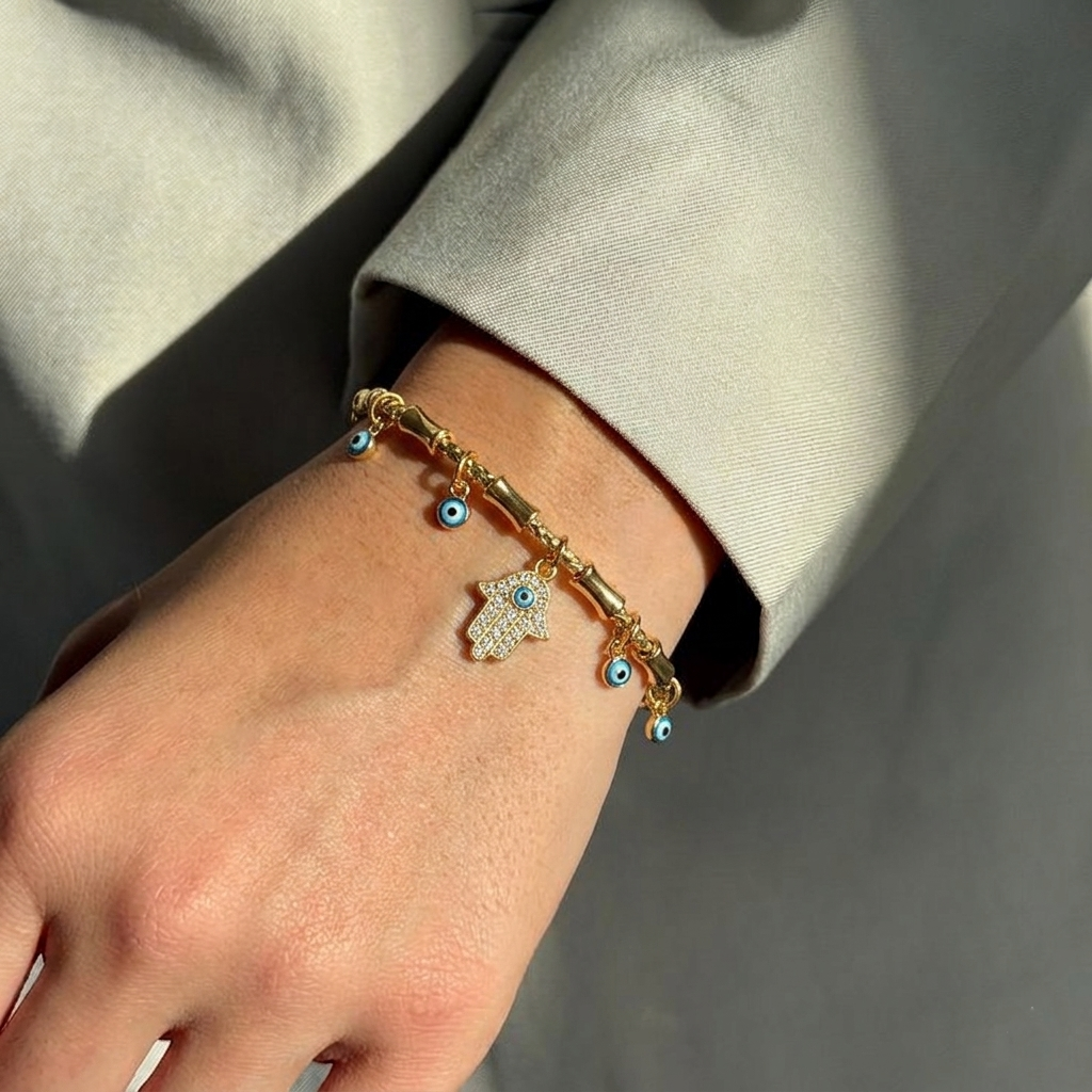Pulsera Mano Nazar Lux – Ojo Turco con Zirconia en Acero Inoxidable