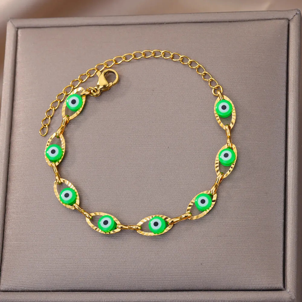 Pulsera Ojo Místico Arcoíris – Amuleto Turco en Acero Inoxidable Dorado