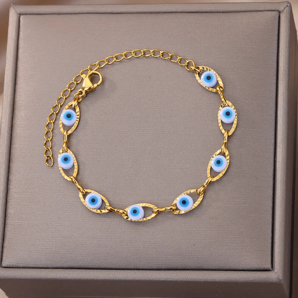 Pulsera Ojo Místico Arcoíris – Amuleto Turco en Acero Inoxidable Dorado