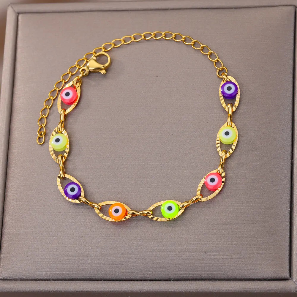 Pulsera Ojo Místico Arcoíris – Amuleto Turco en Acero Inoxidable Dorado
