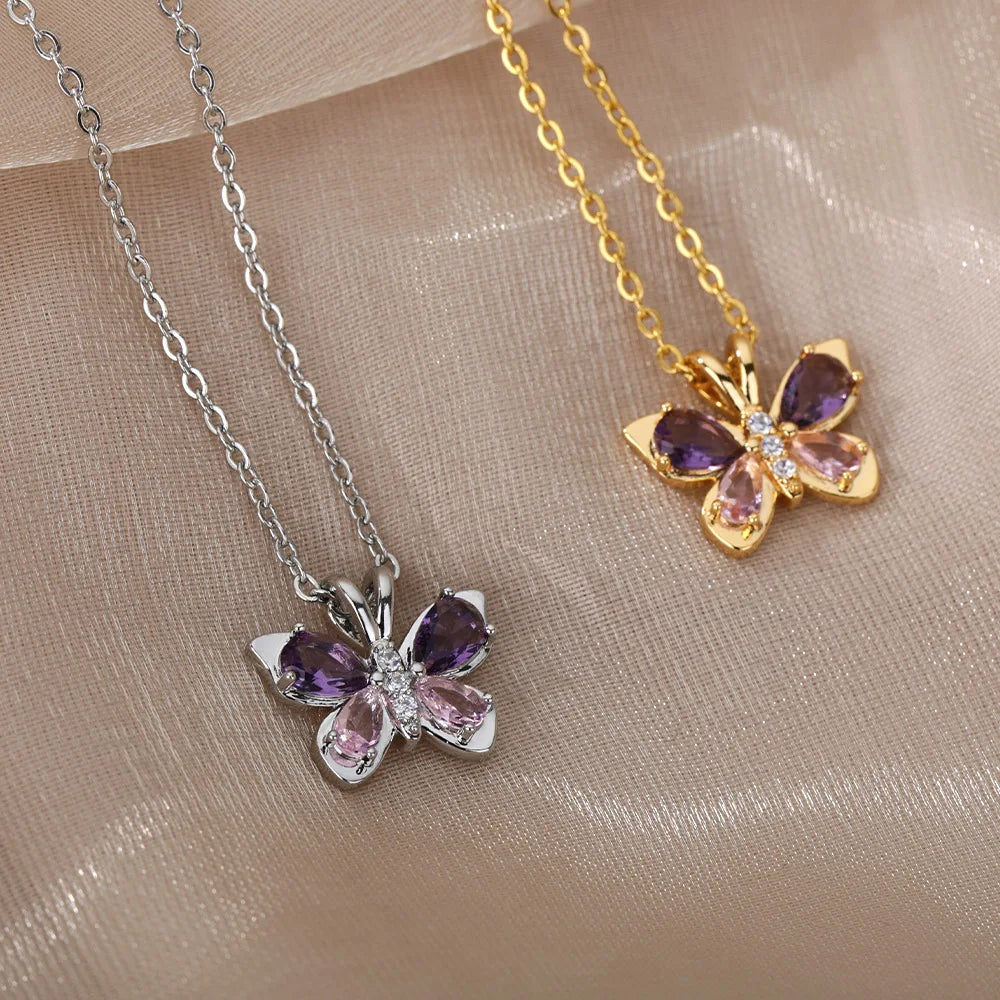 Collar Mariposa Violeta – Zirconia Púrpura en Acero Inoxidable Elegante