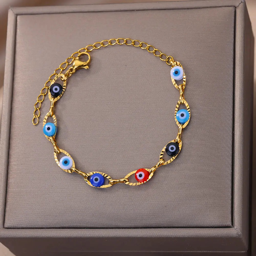 Pulsera Ojo Místico Arcoíris – Amuleto Turco en Acero Inoxidable Dorado